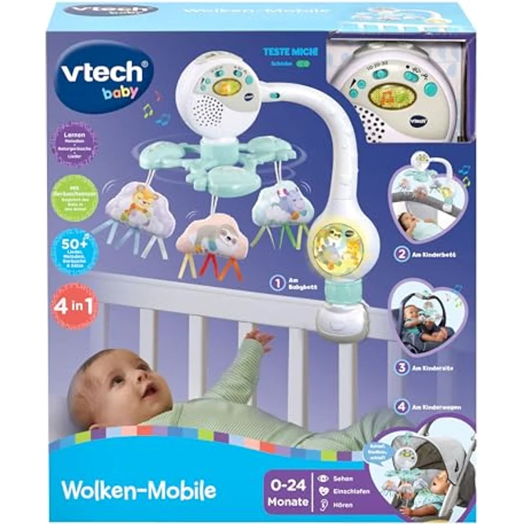 VTech Wolken-Mobile mit sanftem Nachtlicht, Geräuschsensor und 3 Plüschwolken für Babys von 0-2 Jahren – Bild 4