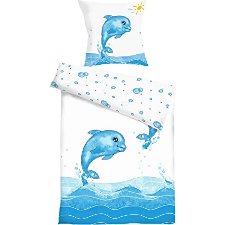 Koru Kids® Delfin Kinderbettwäsche 135x200 cm – 2-teiliges Set mit Kissenbezug 80x80 cm – Bettwäsche Kinder – 100% Baumwolle – Mako-Satin – Kinder Bettwäsche