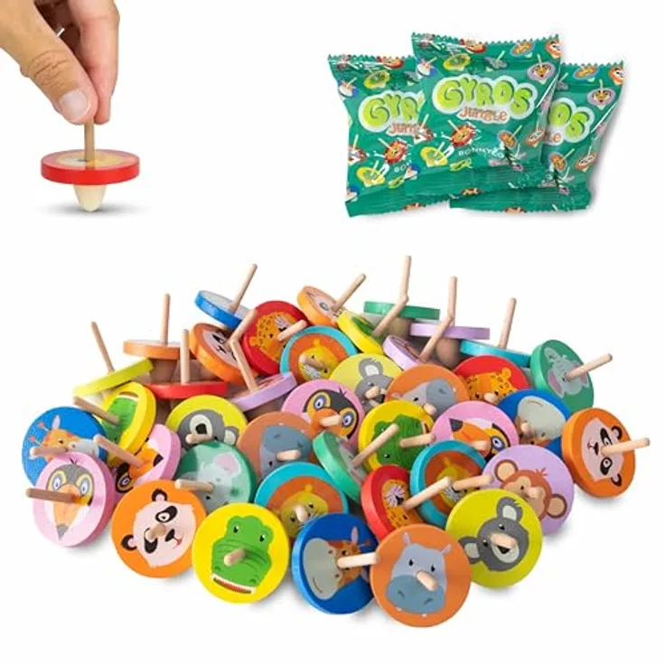 BONNYCO Holz Kreisel für Kinder, 40 Stück Mitgebsel Kindergeburtstag mit Dschungeltier-Motiven, perfekt für Gastgeschenke und Pinata Füllung