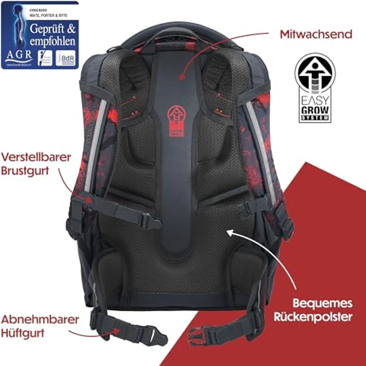 Coocazoo Porter Schulrucksack „Broken Black”, schwarz-rot, ergonomisch, höhenverstellbar, mit Brustgurt & Hüftgurt, ideal für die 3. Klasse – Bild 4