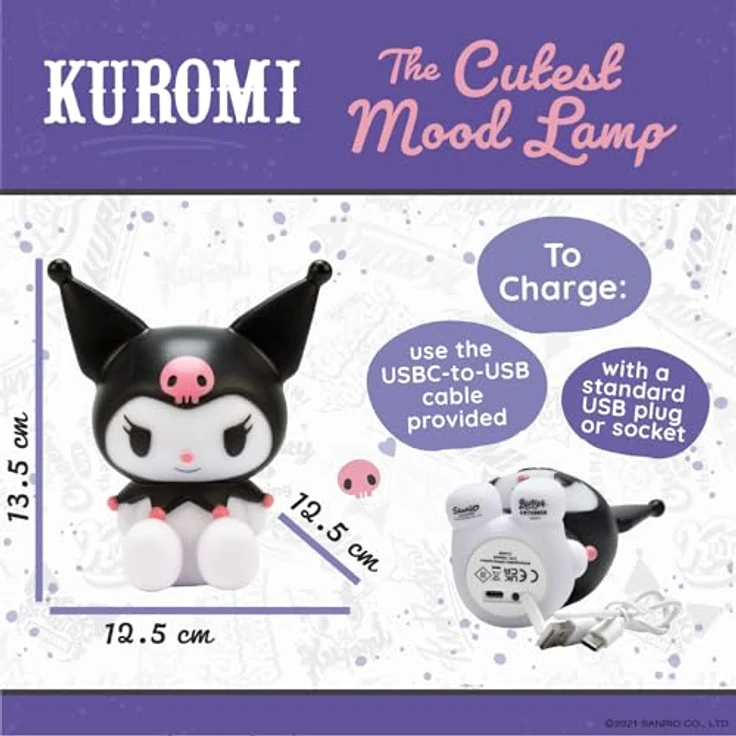 BlueSkyStudios Sanrio Stimmungslicht Kuromi, niedliche Schreibtischlampe mit sanfter Beleuchtung, Micro-USB/Batteriebetrieb, kompakte Größe – Bild 3