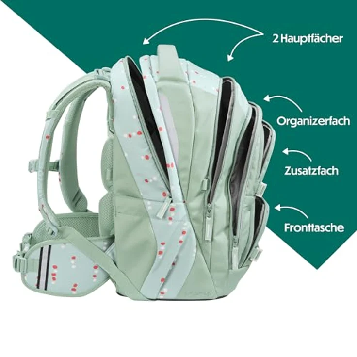 Coocazoo Porter Schulrucksack „Dancing Dots”, Mint, ergonomisch höhenverstellbar mit Brust- und Hüftgurt, ab der 3. Klasse, 5 Fächer, nachhaltig aus recycelten PET-Flaschen – Bild 3