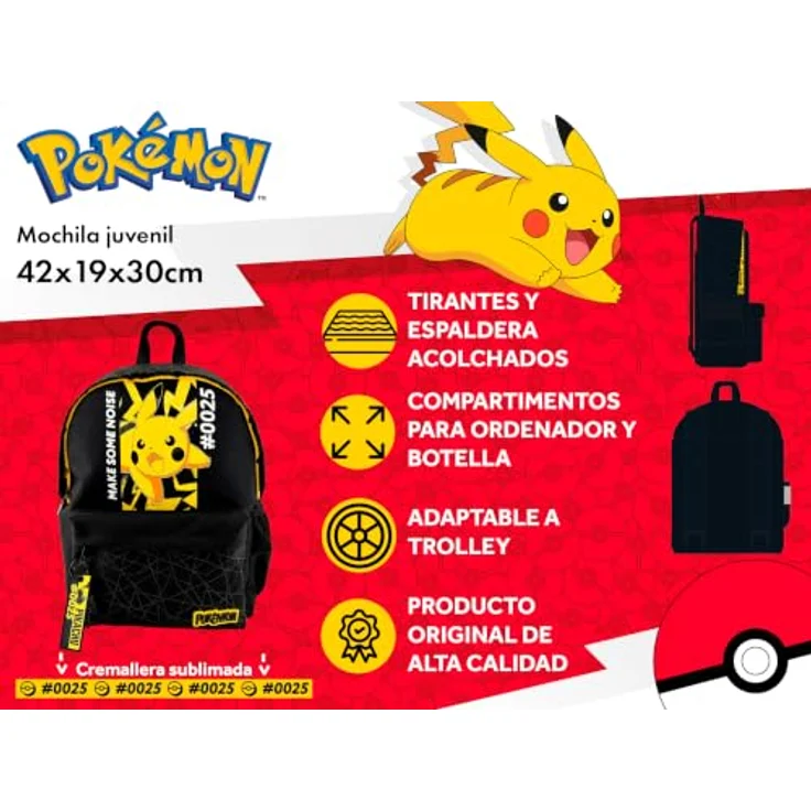 POKÉMON Schulrucksack mit 2 Fächern, seitlichen Netzfächern und gepolsterten Schultergurten, Schwarz/Rot – Bild 7