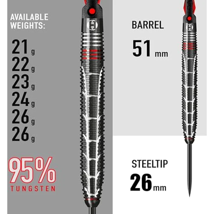 Harrows Atrax 95% Tungsten Darts, Darts-Set mit Stahlspitze, 6 Gewichte (21g-26g), Carbon ST-Schäfte & 100 Micron Atrax Red Flights – Bild 3