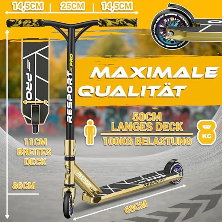 RE:SPORT REVO PRO Stunt Scooter, 110 mm PU Wheels, ABEC 9 Kugellager, inkl. Ständer, Aluminiumrahmen, für Kinder & Erwachsene – Bild 7