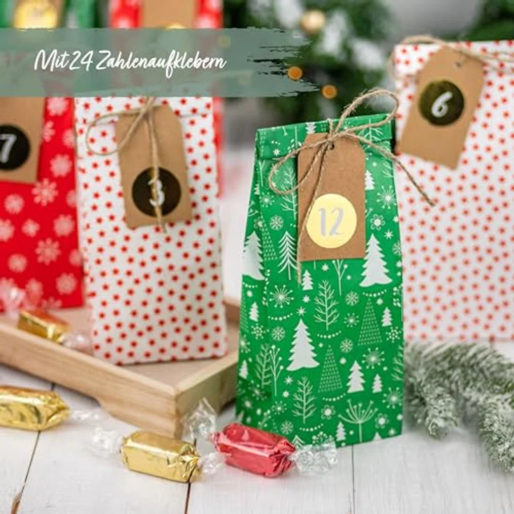 Papierdrachen Adventskalender 2025, DIY Weihnachtskalender zum Befüllen mit 24 bedruckten Geschenktüten in Rot und Grün, inklusive Zahlenaufkleber & Klammern, wiederverwendbar – Bild 3