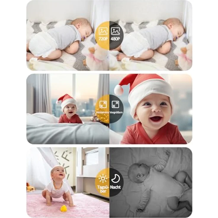 BURNNOVE Babyphone mit Kamera 720P IPS, Videoüberwachung ohne WLAN, 2000mAh Akku, Nachtsicht, Temperaturalarm, Gegensprechfunktion, Digitalzoom, 8 Schlaflieder, kompakt und tragbar – Bild 4