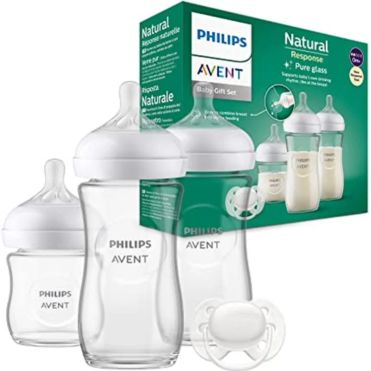 Philips Avent Babyflaschen aus Glas, Geschenkset für Neugeborene – 3 Babyflaschen Natural Response, ultra soft Schnuller, für Babys von 0–6 Monaten und älter (Modell SCD878/11) – Bild 2