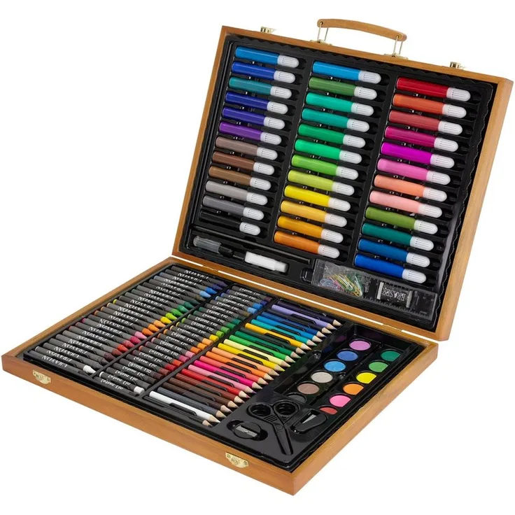 ECD Germany Malkoffer Kreativset 150-tlg, Kunst- und Zeichenset mit Acrylfarben, Buntstiften, Aquarellfarben und Zubehör, Holz, Braun