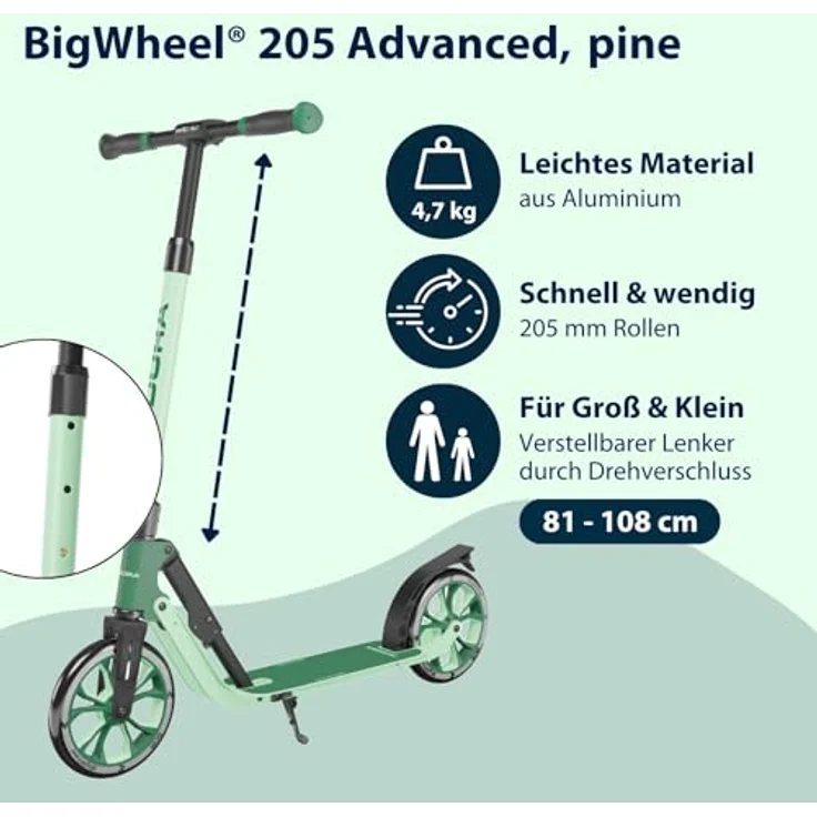 Hudora Cityroller BigWheel® 205 Advanced, einklappbarer und höhenverstellbarer Kick-Scooter für max. 100kg, Mattschwarz  – Bild 3