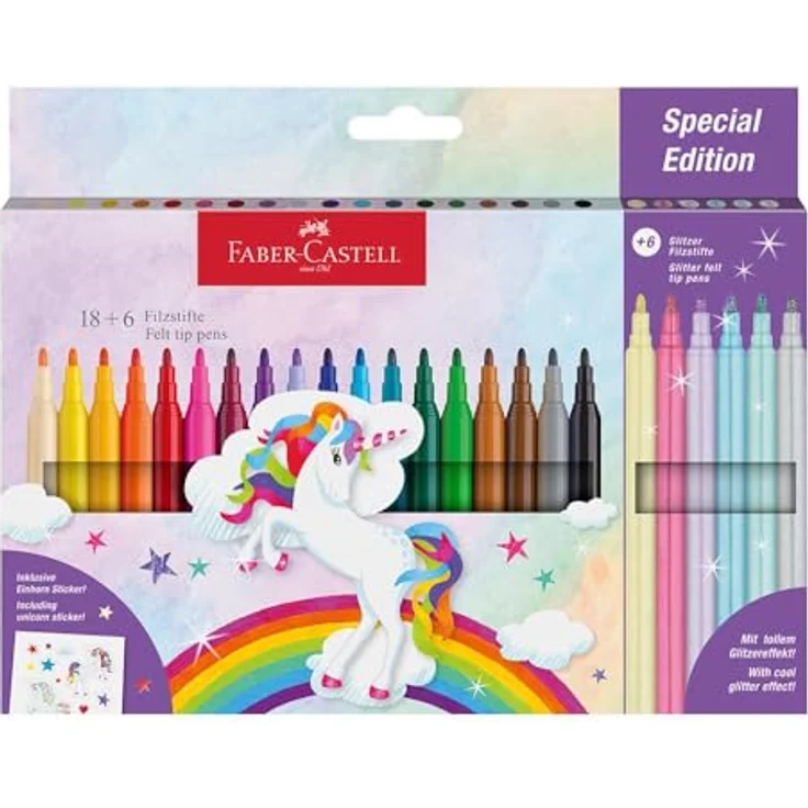 Faber-Castell Filzstifte, limitierte Edition, Einhorn, 18 Farben, 6 Glitzer – Bild 1