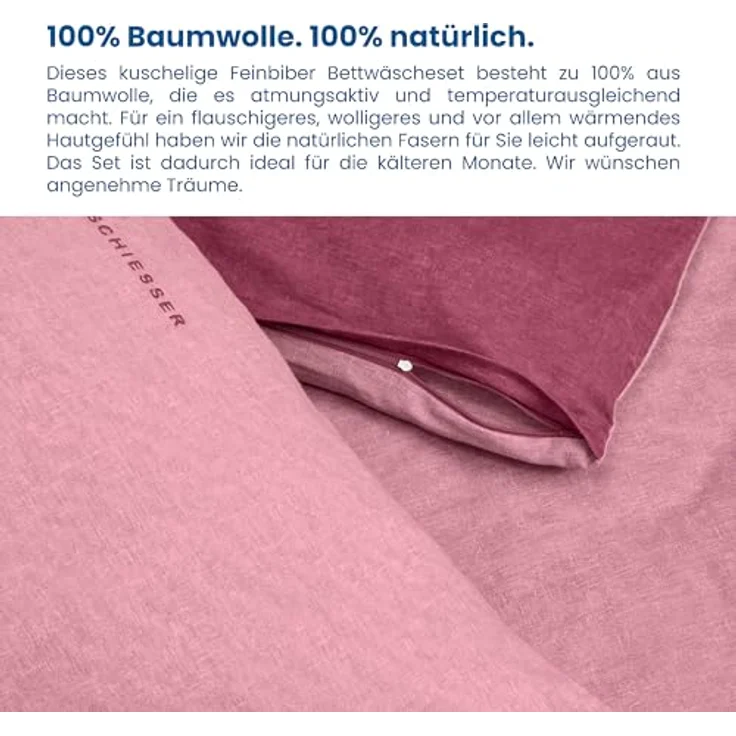 Schiesser Feinbiber Wendebettwäsche Doubleface, 100% Baumwolle, Farbe:Altrosa und Rosenholz, Größe:135 cm x 200 cm – Bild 3