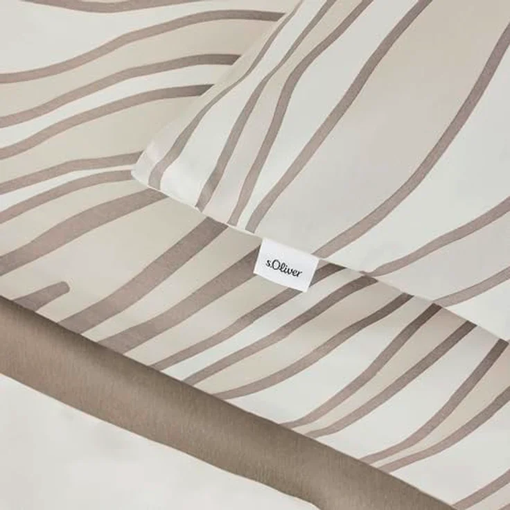 s.Oliver Mako Satin Bettwäsche 135x200 cm, 100% Baumwolle, beige mit Blattmuster, weich & anschmiegsam, mit Reißverschluss, maschinenwaschbar – Bild 4