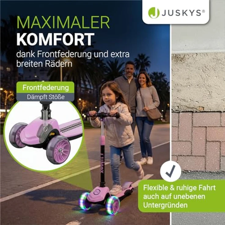 JUSKYS® Kinderroller Lumox Rosa, höhenverstellbarer Dreiradscooter mit LED-Rollen, klappbar, Hinterradbremse und Komfortfederung – Bild 2