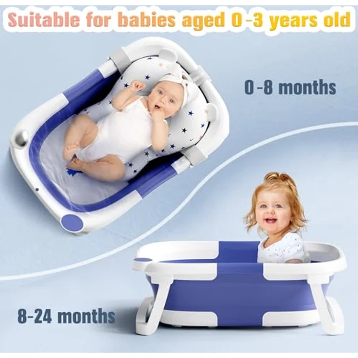 RABB 1ST Baby Badewanne Faltbar, Tragbare Babywanne für Neugeborene und Kleinkinder mit Rutschfester Matte und Abflussloch, Blau – Bild 4