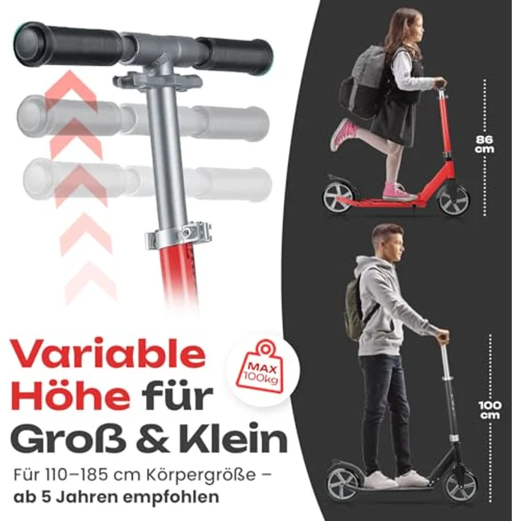 Rollkönig ® Faltbarer City-Scooter für Kinder ab 5 Jahren, großer Tret-Roller mit 100kg Tragkraft, verstellbare Lenkerhöhe, rot – Bild 3