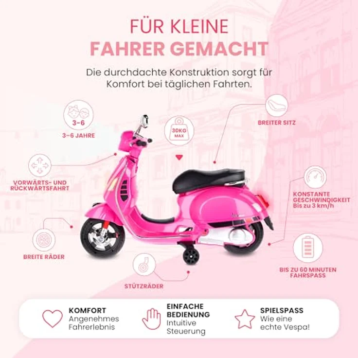 Sun Baby Vespa Maxi Elektroroller, 12V Akku Motorroller für Kinder mit Kofferraum, Licht, Sound, rosa – Bild 3