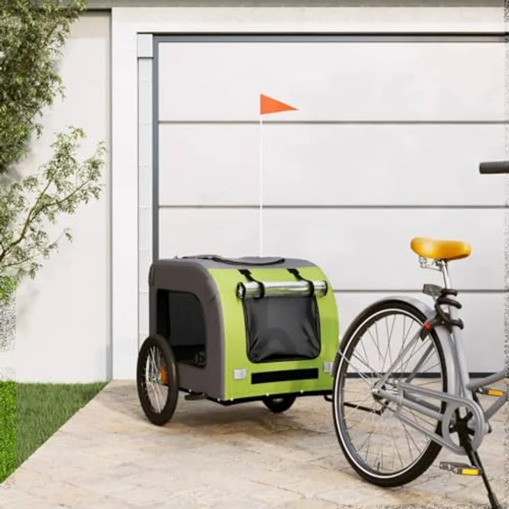 vidaXL Fahrradhundeanhänger Fahrradanhänger Hunde Grün und Grau Oxford-Gewebe & Eisen, mit PVC-Dach und belastbarer Platte – Bild 2