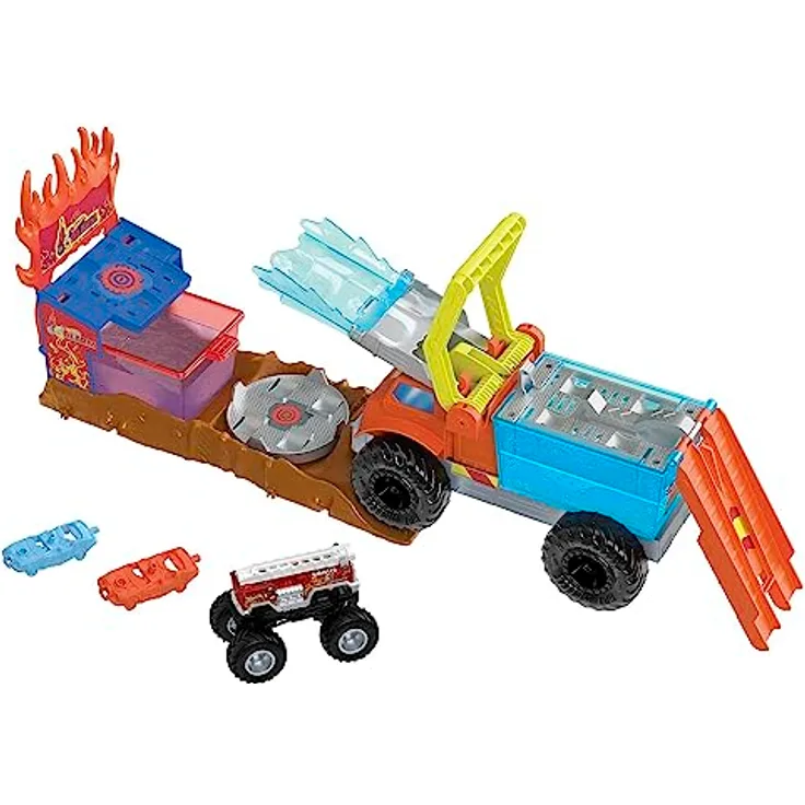 Hot Wheels Monster Trucks Arena Smashers Color Shifters 5-Alarm Rescue-Spielset - Farbwechselfunktionen, Rampe, Tank, Starter, zerstörbare Autos, für Kinder ab 4 Jahren, HPN73