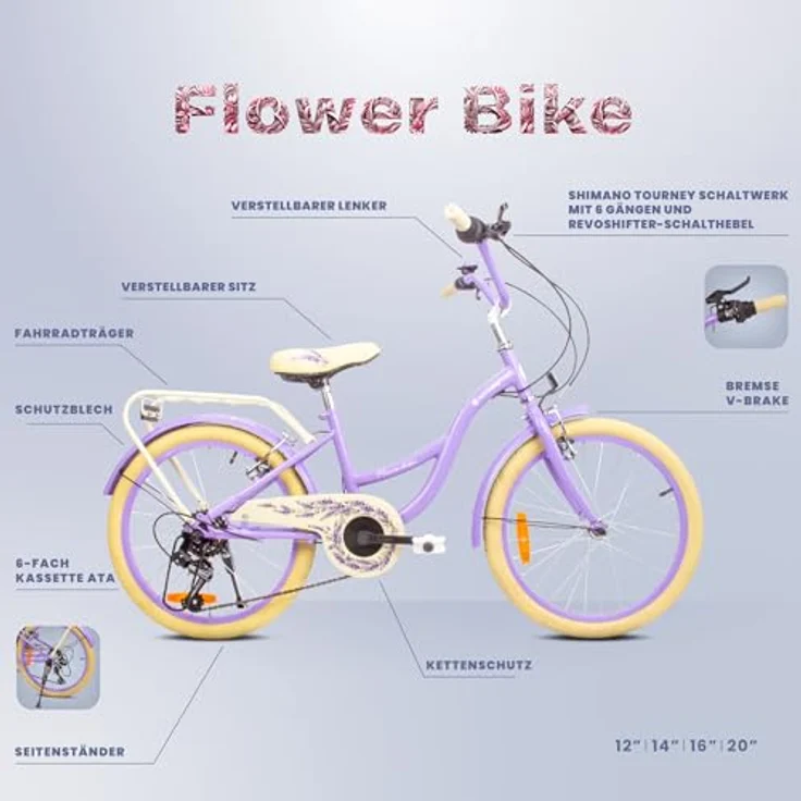 Sun Baby Mädchenfahrrad 20 Zoll Flower Bike 6 Gang Shimano Kinderfahrrad für Mädchen 6-10 Jahre, verstellbar (Lavender) – Bild 5