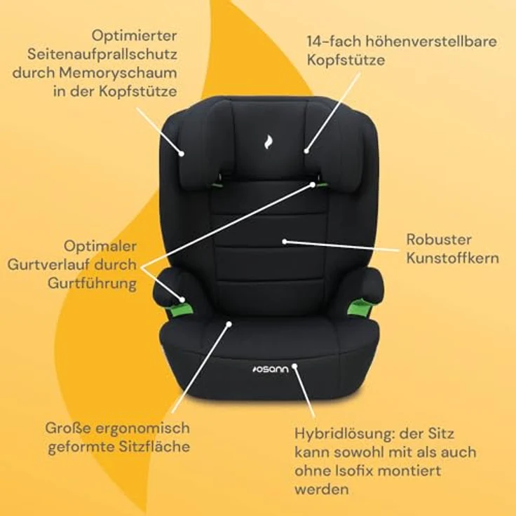 Osann Kindersitz Musca Isofix i-Size ab 3 Jahre - 12 Jahre (100 cm - 150 cm) mit Isofix - Black, 14-fach höhenverstellbare Kopfstütze, Memoryschaum Seitenaufprallschutz – Bild 2