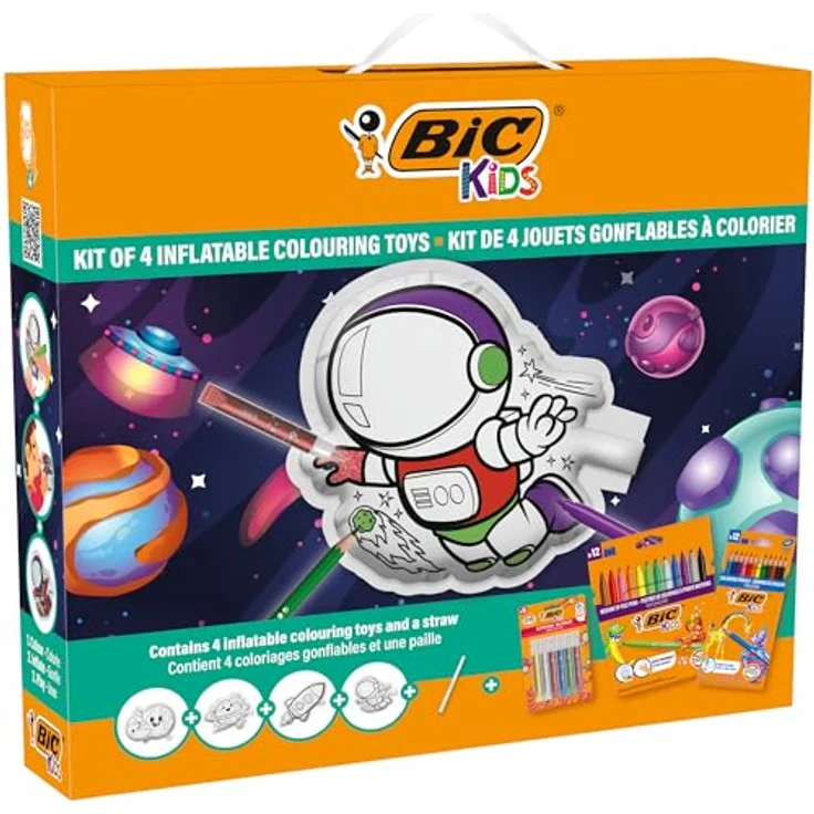 BIC Kids Aufblasbares Spielzeug Set, Malen im Weltall Motiv mit 12 Evolution Buntstiften, 12 Kid Couleur Filzstiften, 6 Glitzerklebern und 4 aufblasbaren Spielzeugen – Bild 1