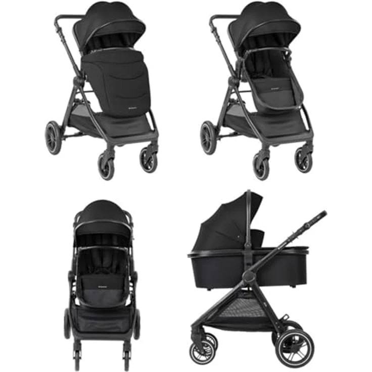 Kikka Boo Kombikinderwagen Ava 3 in 1, schwarz, mit Babywanne, Babyschale, Gummirädern, ab Geburt bis 22 kg, klappbare Sitzeinheit, 360° drehbare Vorderräder – Bild 4