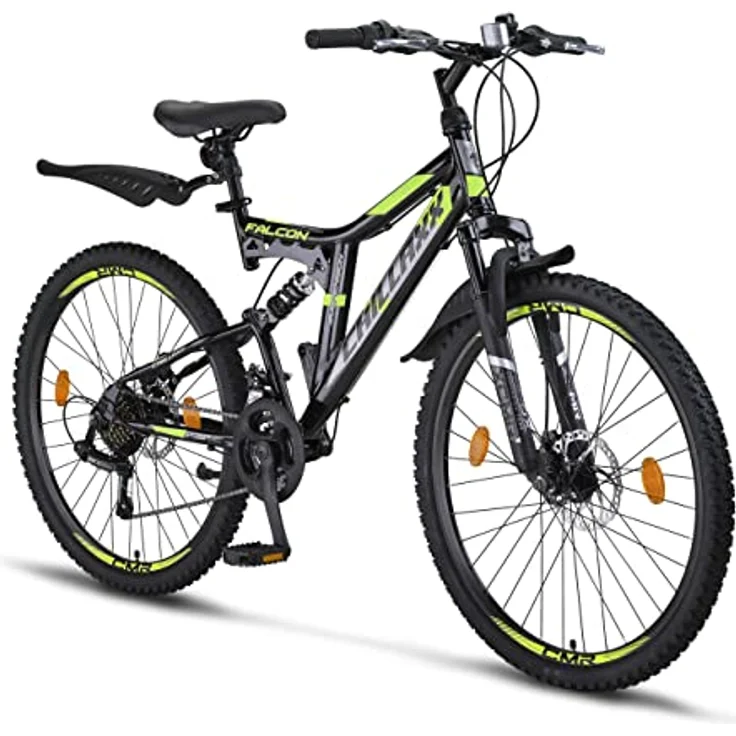 Chillaxx Bike Falcon Premium Mountainbike in 24 und 26 Zoll - Fahrrad für Jungen, Mädchen, Damen und Herren - Scheibenbremse- 21 Gang-Schaltung - Vollfederung (26 Zoll, Schwarz-Lime Disc-Bremse) – Bild 1