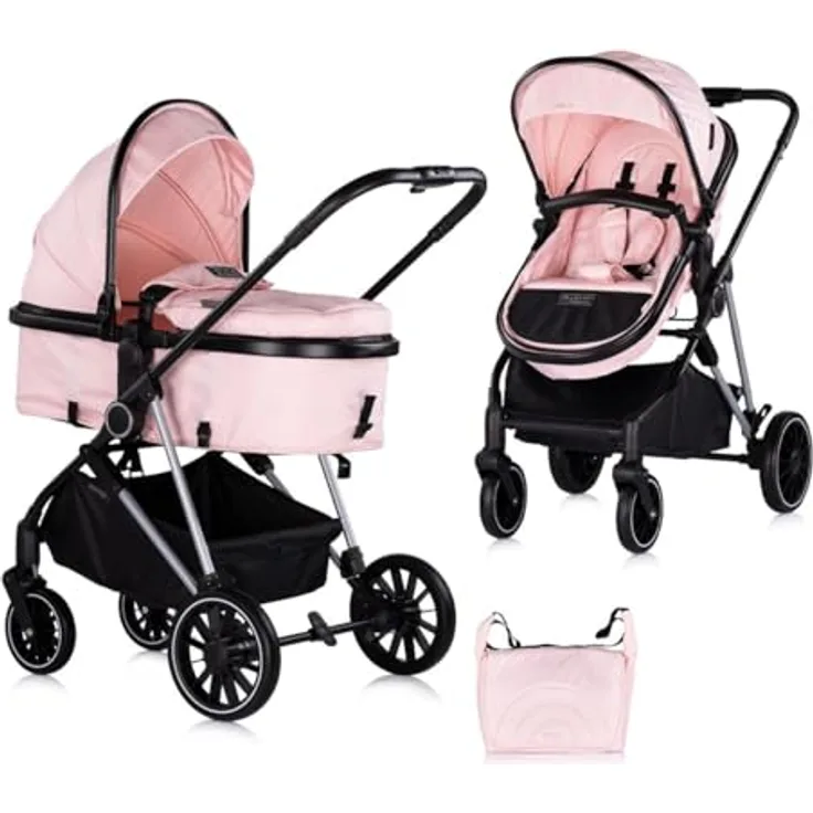 Chipolino Kinderwagen Aura 2 in 1 umbaubar Wickeltasche Sitz umkehrbar bis 22 kg, Pink