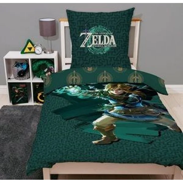 Zelda Bettwäsche Set 135x200 80x80 aus 100% Baumwolle mit Reißverschluss grünes Motiv Tears of the Kingdom – Bild 5