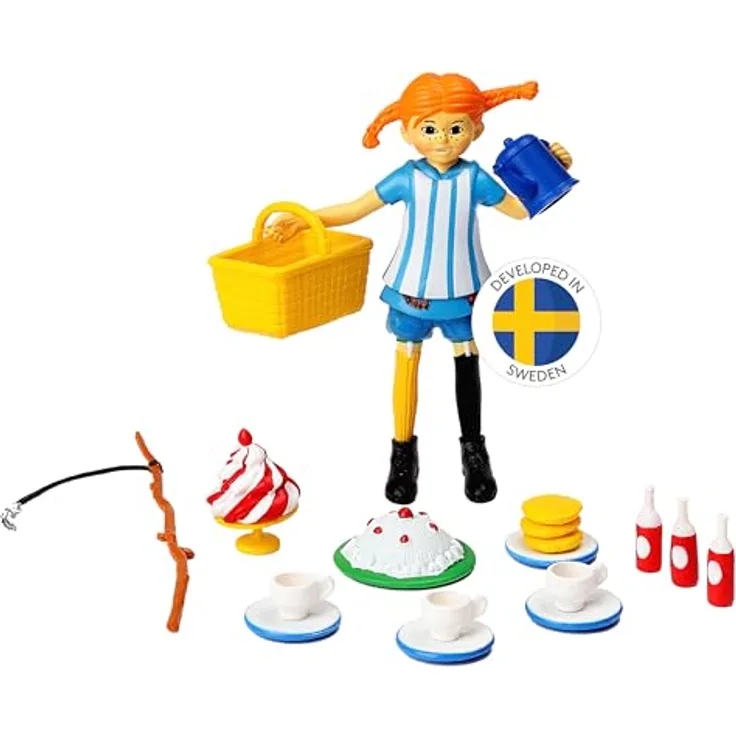 Micki Figurka Pippi, Sammelfigur mit blau-weißer Schürze und Zubehörset für Teestunde in Pippis Garten