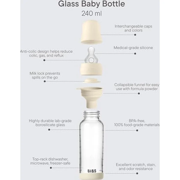 BIBS Baby Glass Bottle Silicone Antikolikflasche mit Silikonsauger, Sage, 240 ml, vorbeugend gegen Koliken, spülmaschinenfest – Bild 3