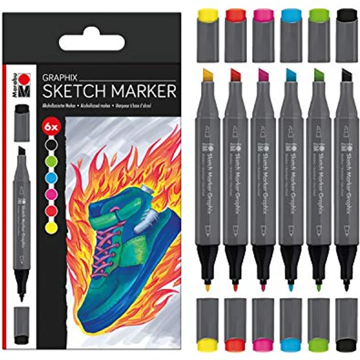 Marabu Sketch Marker Graphix 6er Set Heat, Brillante, schnelltrocknende, alkoholbasierte Tinte, geruchsarm, wasserfest, Japanische Doppelspitze 1-7 mm Keilspitze und 1 mm fein – Bild 2
