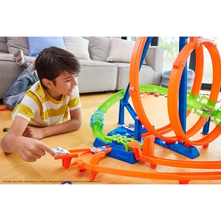 Hot Wheels Episches Crash-Rennen Trackset, 5 Crash-Zonen mit motorisiertem Beschleuniger und 1 Hot Wheels Auto im Maßstab 1:64, leicht zusammenklappbar, HTP55 – Bild 2