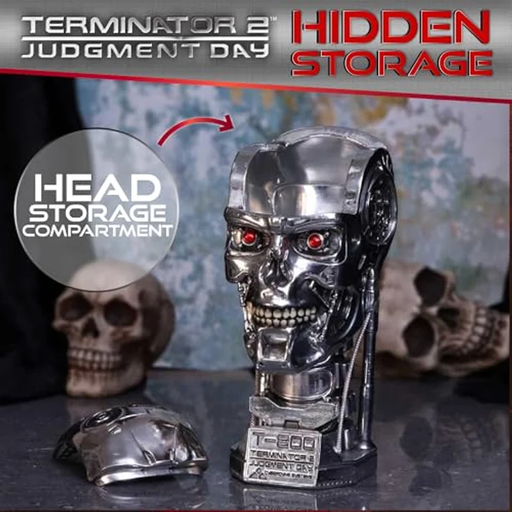Nemesis Now T-800 Terminator Büste, Sammelfigur aus Harz mit entferntem Schädel und Stauraum, silber – Bild 4
