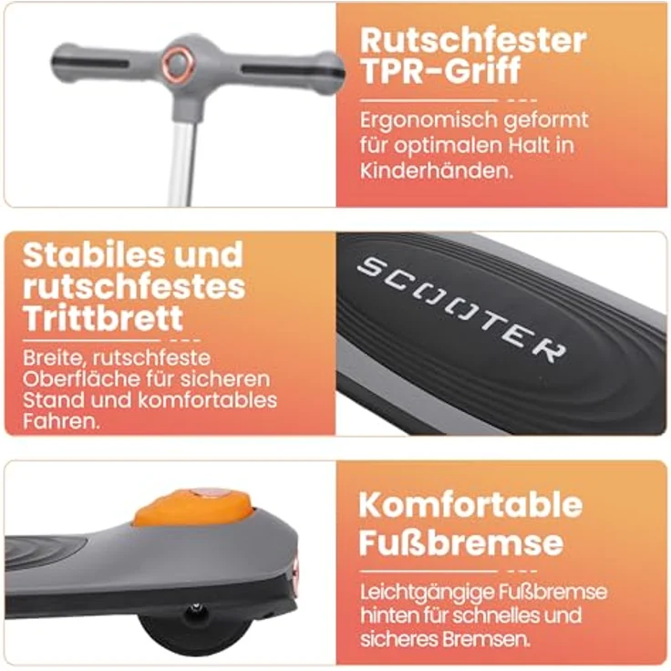 Habib Gruppe Kinderroller Tretroller 3-Rad, LED Frontlicht & Rücklicht, Höhenverstellbar & Faltbar, rutschfest, pannensicher, grau, für 3-10 Jahre – Bild 4