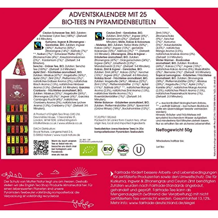 English Tea Shop ETS BIO Tee Adventskalender "Santa's Secret", kompostierbare Pyramidenbeutel, aufhängbar oder liegend – Bild 8