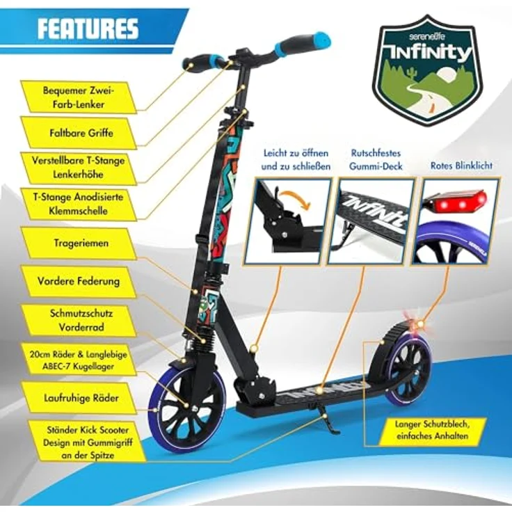 SereneLife Klappbarer Cityroller, höhenverstellbar, Big Wheel Scooter für Kinder & Erwachsene bis 100 kg, ideal für drinnen und draußen – Bild 2