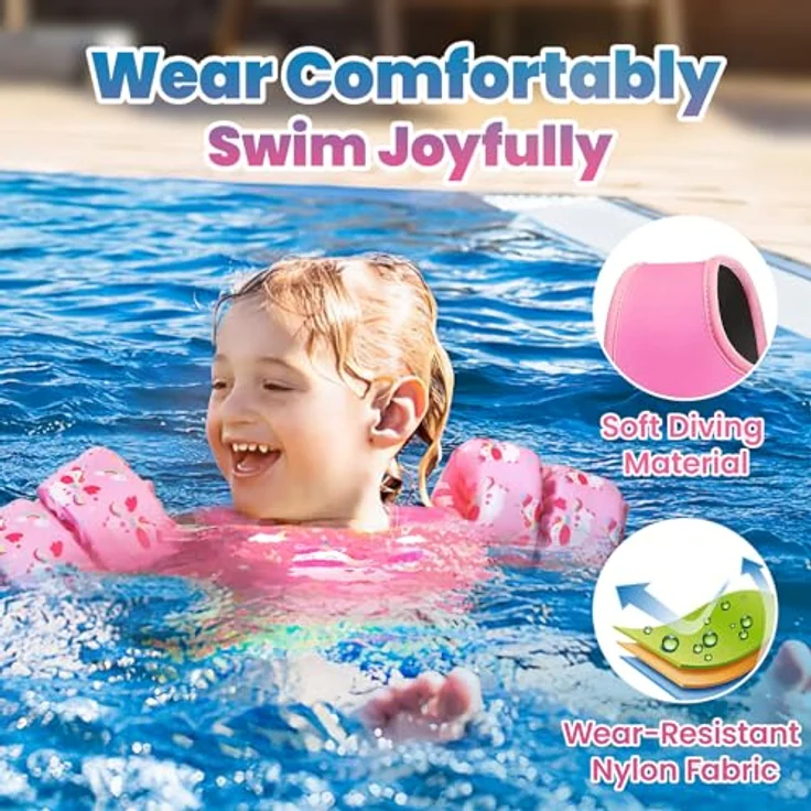 HeySplash Kinder Schwimmflügel, Cartoon Kein Aufblasen Schwimmgürtel mit 2 Sicherheitsschnalle, Rosa Einhorn – Bild 4