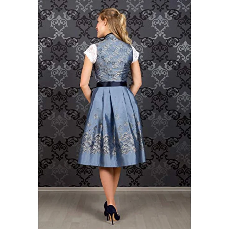 Edelnice Dirndl Adriana, Damen Dirndl in hellblau-silbernem Brokatstoff mit dunkelblauer Spitzenschürze – Bild 9