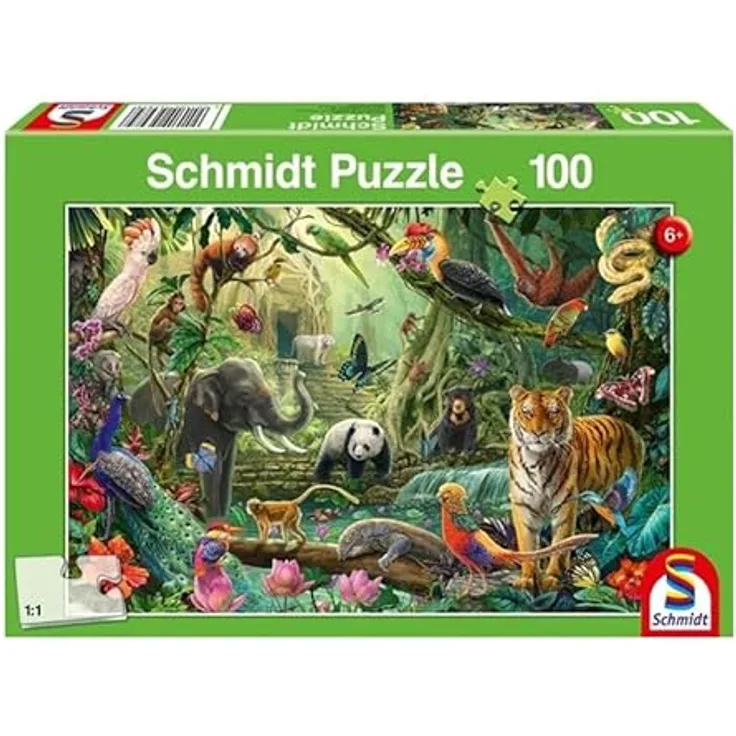 Schmidt Spiele 56485 Bunte Tierwelt im Dschungel, 100 Teile Kinderpuzzle, Puzzlemaße: 36,1 x 24,3 cm, ab 6 Jahren, 1 Spieler