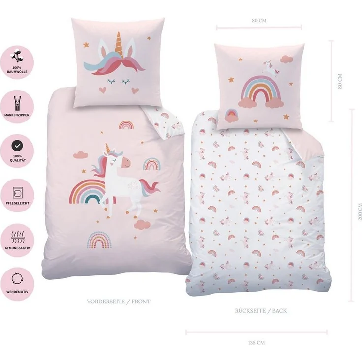 MTOnlinehandel Bettwäsche Einhorn 135x200 + 80x80 cm (Unicorn), 100% Baumwolle, 2 teilig, Mädchen-Bettwäsche Magic Tale, Regenbogen, Sterne und Wolken – Bild 3