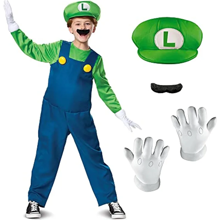 Disguise Super Mario Bros DISK10773L Luigi Kostüm, Jungen, S, Deluxe mit gepolstertem Bauch, Hut und Handschuhen