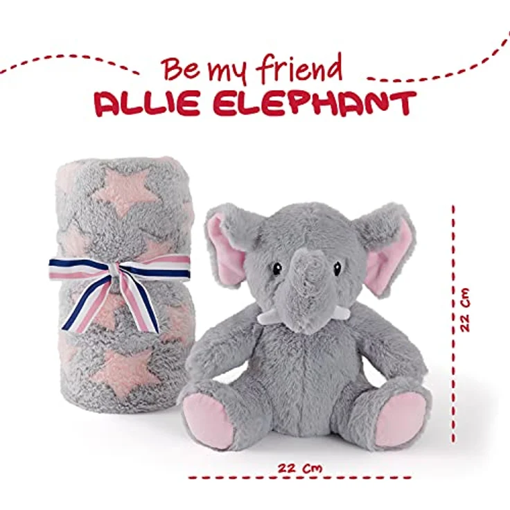 Perletti Allie Elephant, Plüschtier 22 cm mit Babydecke 120 x 80 cm aus hochwertigem Polyester, mehrfarbig mit Elefantenmotiv – Bild 2