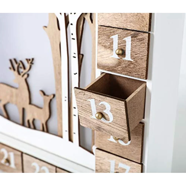 BRUBAKER Adventskalender aus Holz zum Befüllen - Weiße Winterlandschaft mit LED Beleuchtung - Wiederverwendbarer DIY Weihnachtskalender 35.5 x 6 x 27 cm – Bild 4