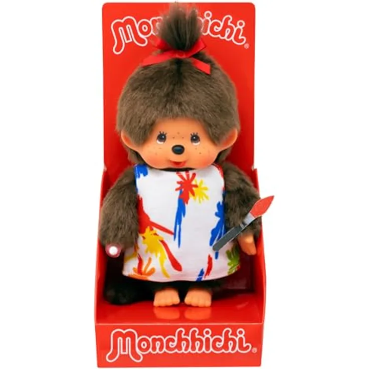 Monchhichi Plüschfigur Mädchen im Malerin-Kleid mit Zopf, 20 cm Kuscheltier aus weichem Fell
