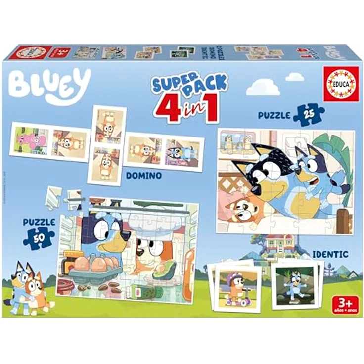 Educa Superpack 4 In 1 Bluey, Spieleset mit Domino, Memory und 2 Puzzles (25+50 Teile) für Kinder ab 3 Jahren – Bild 1