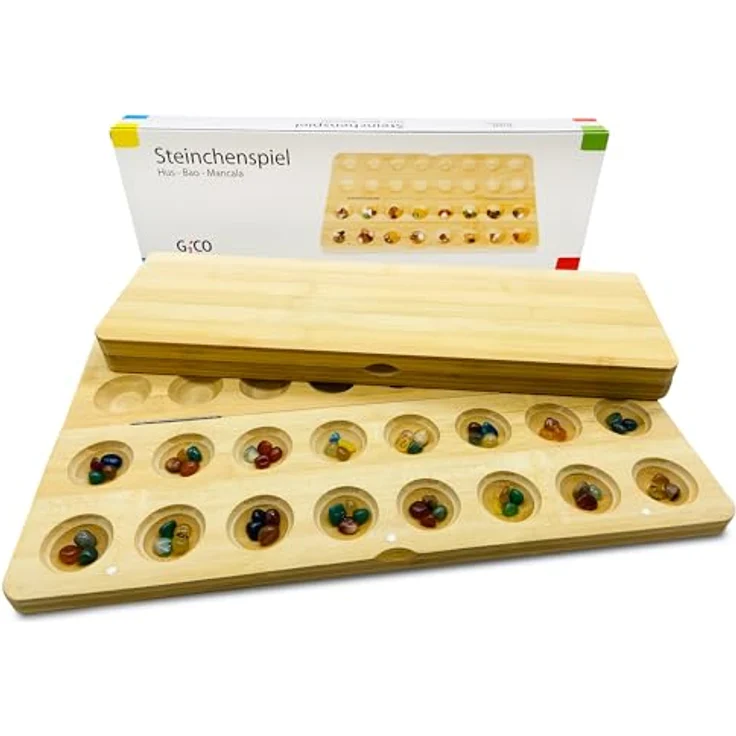 GICO Steinchenspiel Hus Bao Mancala groß aus Holz mit Edelsteinen - Strategiespiel für Jung und Alt, hochwertige Klappkassette, 64 Edelsteine - 7953 – Bild 1