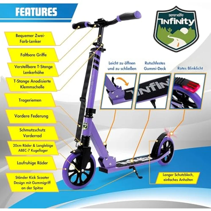 SereneLife Cityroller, klappbar & höhenverstellbar, Unisex-Tretroller für Kinder & Erwachsene, Big Wheel Scooter bis 120 kg belastbar, 8-9 Zoll Räder – Bild 2