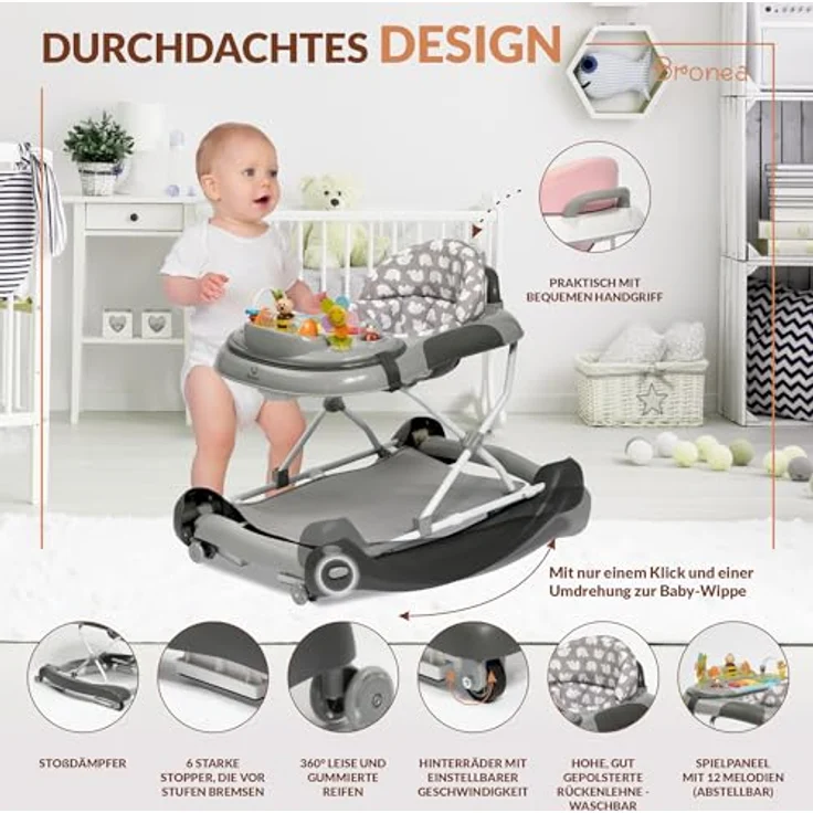 Bronea 4-in-1 Gehfrei Baby ab 6 Monate | Lauflernwagen mit Schaukelfunktion und Spielpaneel mit Musik | Höhenverstellbare und Klappbar | Lauflernhilfe mit leisen Rollen und Bremsen – Bild 4